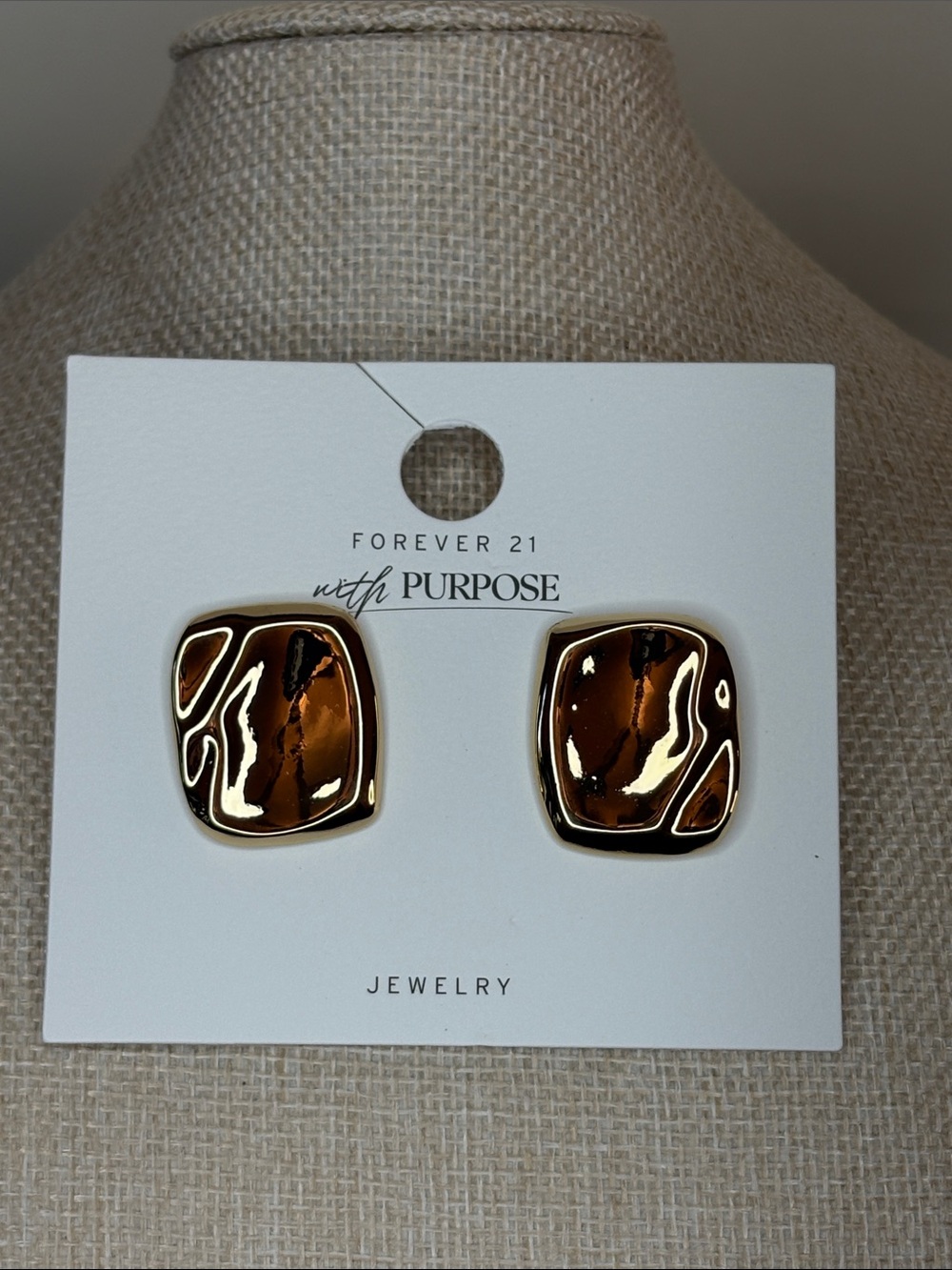 Forever 21 Brown and Gold Tone Square Wave Stud Earrings - Picture 2 of 4